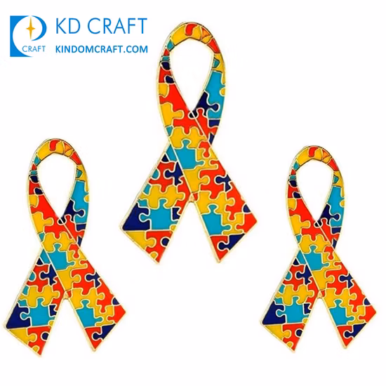 Custom Metal Soft Enamel Epoxy Resin Puzzle Piece Pin Badge Rainbow Heart Shaped Autism Awareness Lapel Ribbon Pin with Magnet